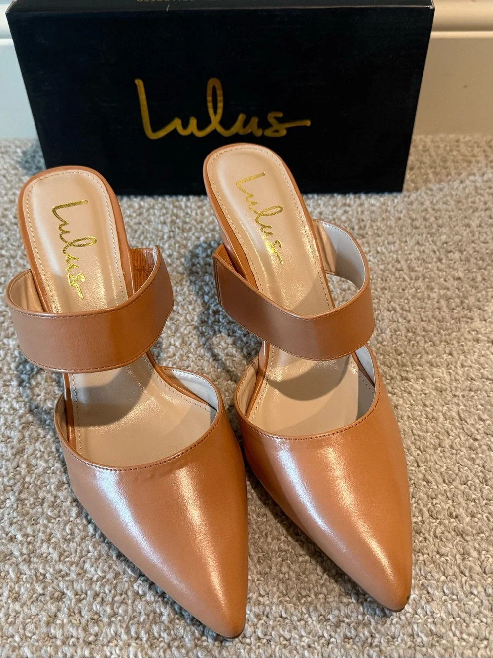Lulu's Cognac Pointed-Toe Mule Heels